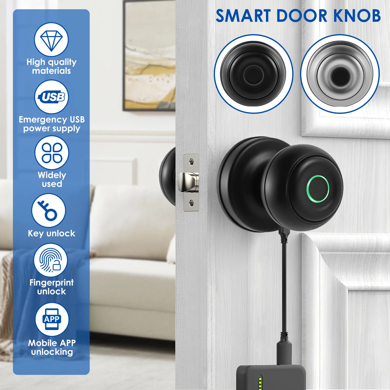 Smart Fingerprint Door Knob with Lock Biometric Door Lock with App Control Key for Bedroom Front Door Home Apartment Office