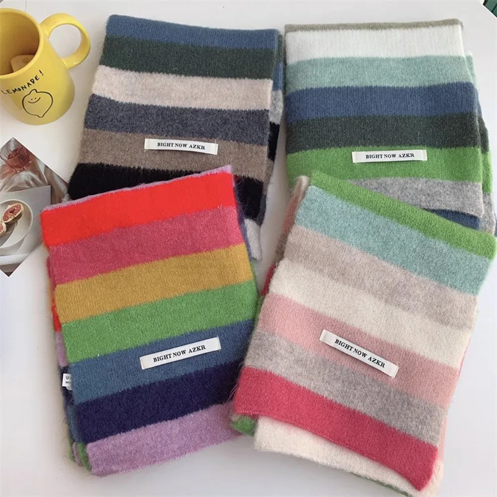 Winter Warm Gestreifte Gestrickte Schals Frauen Regenbogen Wolle Stricken Hals Schal Dicken Halstuch Kaschmir Schal Kopf Schals Wrap