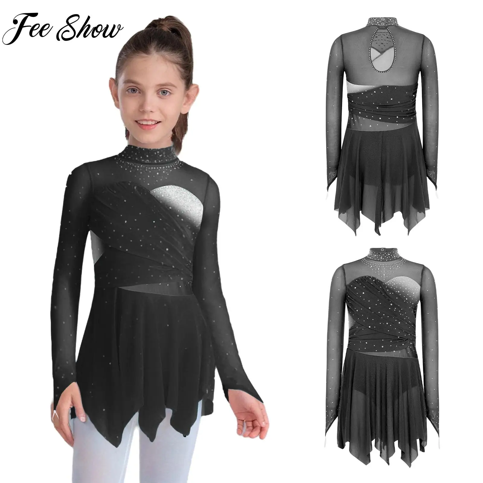 

Girls Lyrical Modern Dance Dress Long Sleeves Rhinestones Mesh Dress Dancewear for Figure Skating Dance Performance Competition