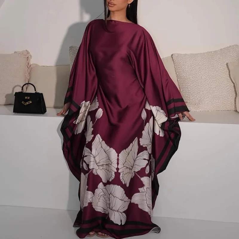 

Ethnic Retro Floral Print Batwing Sleeve Robe Spring Summer O Neck Satin Long Dress Casual High Waist Patchwork Loose Maxi Dress