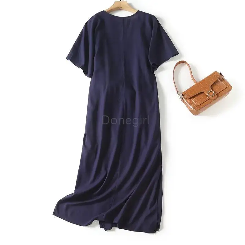 Donegirl 2023 Women Spring Summer Short Sleeve V-neck Linen Solid Slim Dresses Belt Waist Commute Midi Dresses Female Chic