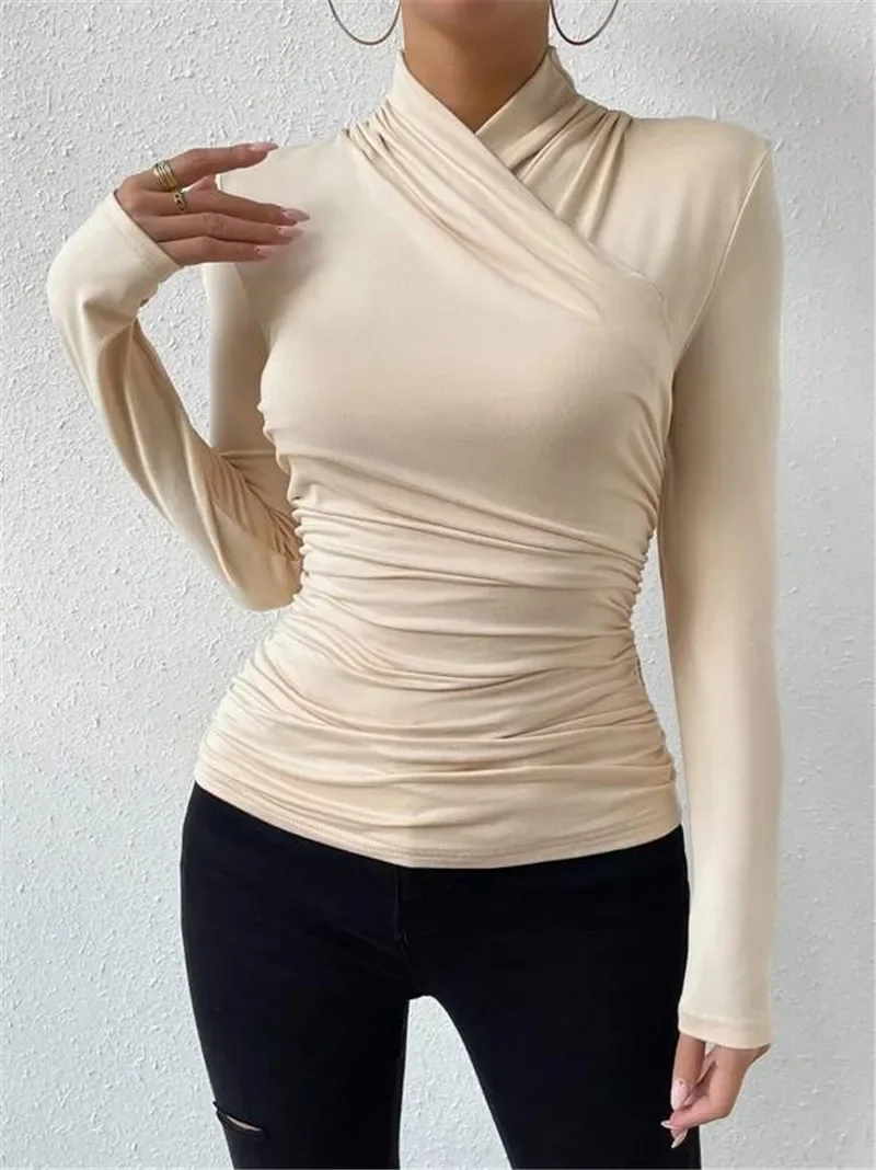 Autumn New Cross Neck Slim Ruched Office Ladies T-Shirt 2024 Solid Color Chic Casual Long Sleeved Tops Women\'s Clothes