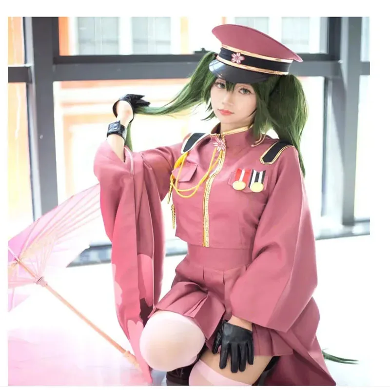 Cosplay Anime Miku Seribu Pohon Sakura Mikuu Kimono Pakaian Wanita Seragam Militer Merah Muda dengan Topi Setelan Mewah Halloween Ir;l5
