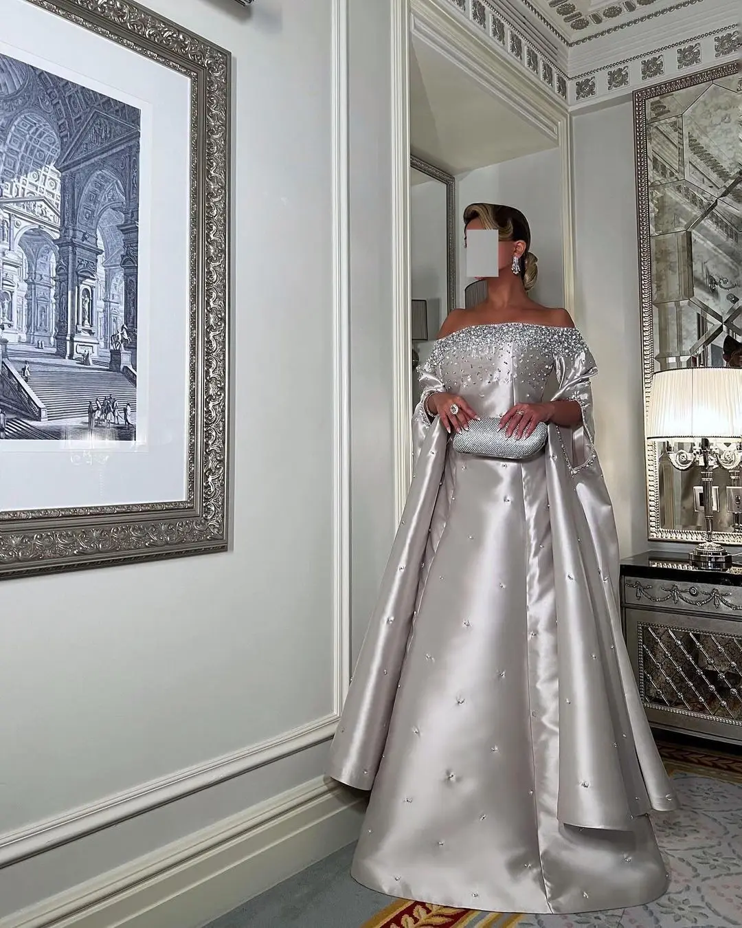 Customized Made Elegant Half Sleeve Beaded Crystal Ball Gown Floor Length Formal Evening Gowns For Women Wedding Party Dresses image 5