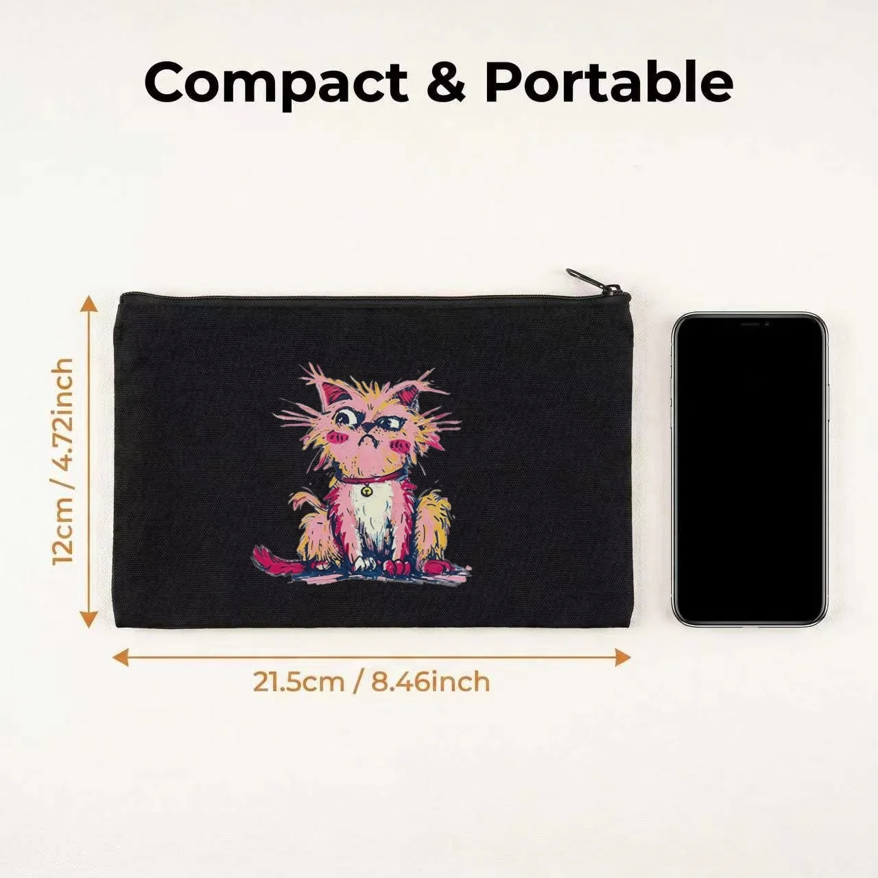 1PC Sketch Grumpy Pink Fluffy Cat Bell Collar Canvas Cosmetic Bag Double Sided Portable Travel Zipper Pouch