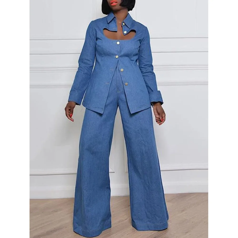 High Waisted Loose Pockets Solid Color Lapel Jean Two Pieces Set