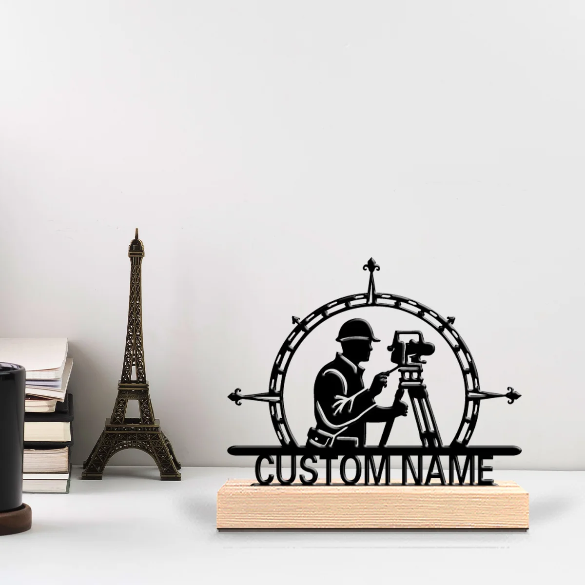 1pc Cute Personalized Custom Surveyor Engineer Metal Statues Vibrant Tabletop Sculpture with Wooden Base, Ideal for Eclectic Ho
