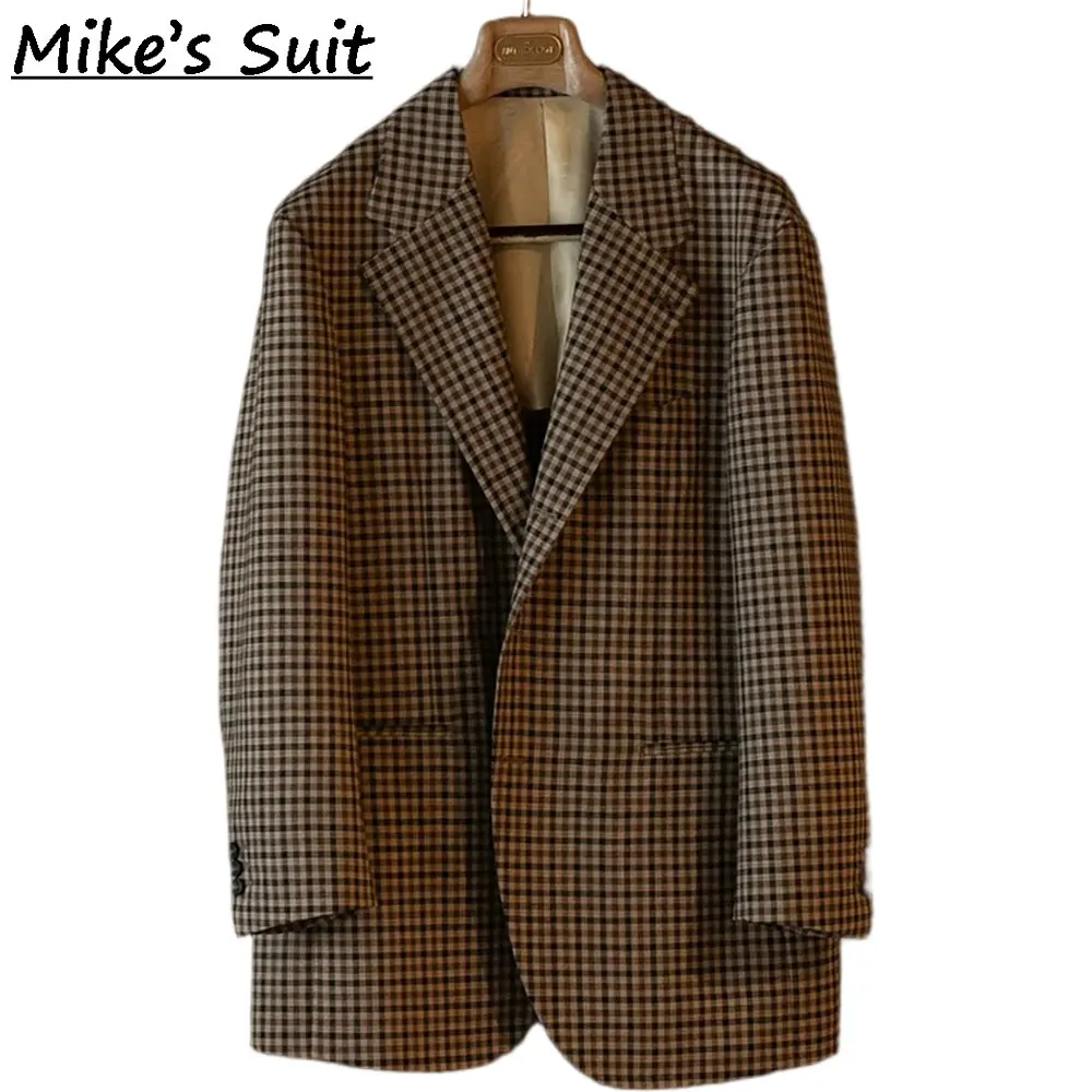 Men Notch Lapel Loose Casual Blazer, Mini Gingham Check Wool Tweed Fabric, Business Daily Casual Party Relax Fit Jacket