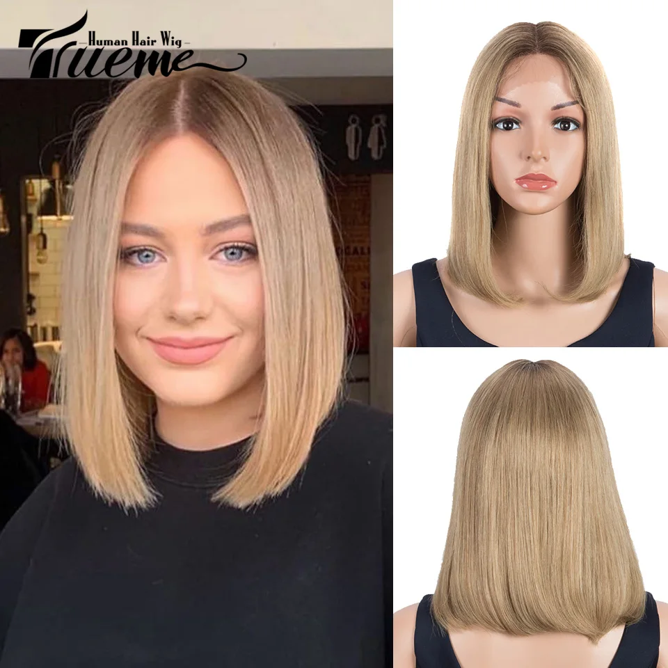 Trueme-Peluca de cabello humano liso para mujer, postizo de encaje frontal, corte Bob, color rubio, brasileño, transparente