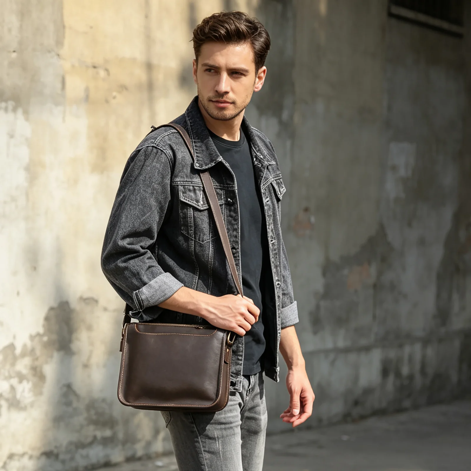 S.WORKER Vintage Echtleder Herren 11" Messenger Bag Umhängetasche Crazy Horse Rindsleder Schultertasche Top-Layer Mode – Detail 5