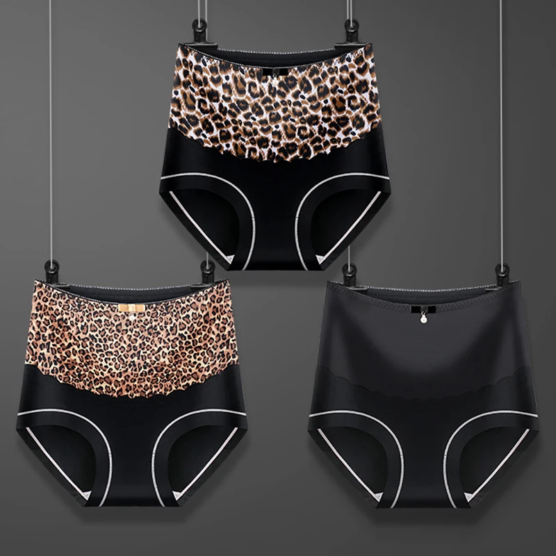 2PCS/Set High Waist Panties Sexy Leopard Briefs Underwear Women Lingerie Female Ladies Underpants Breathable Patchwork Panties