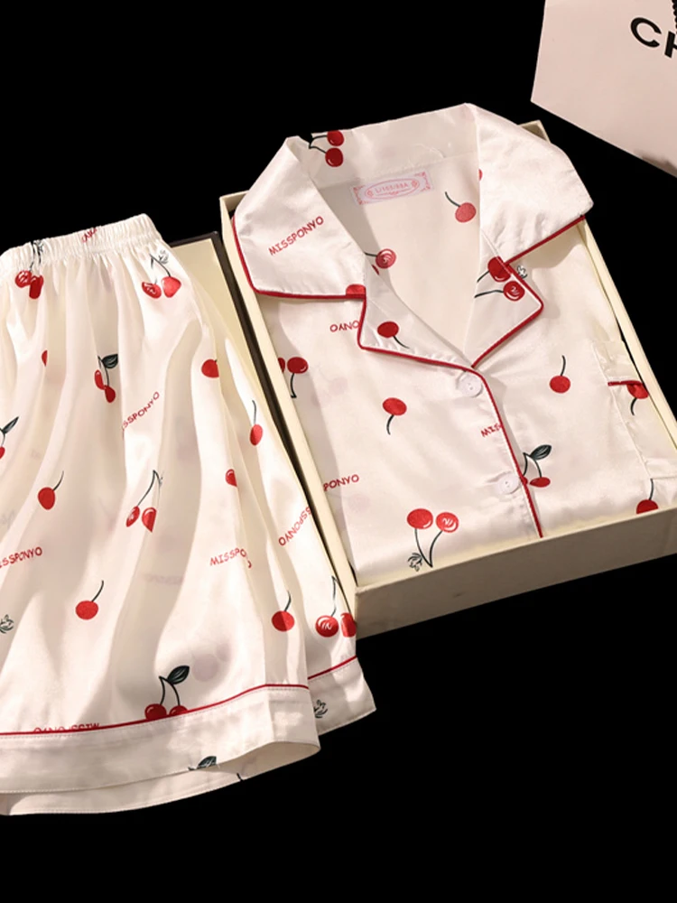 Cherry Print Pajamas Set for Women Summer Satin Two Piece Sleepwear Short Sleeve Shirt and Shorts Casual Fashion Homewear