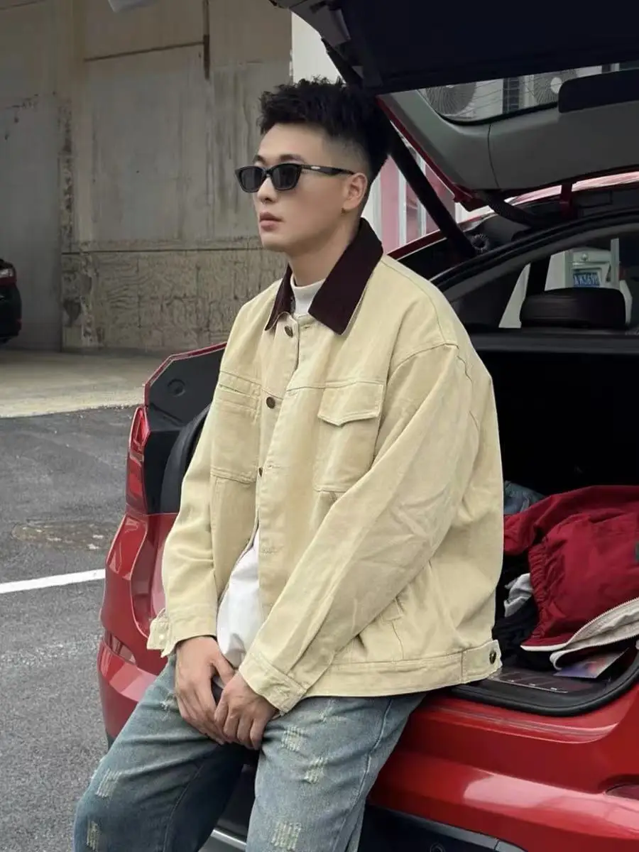 

Мужская джинсовая куртка в стиле ретро в американском стиле, весенне-осенняя рабочая одежда с цветным воротником и высокой уличкой