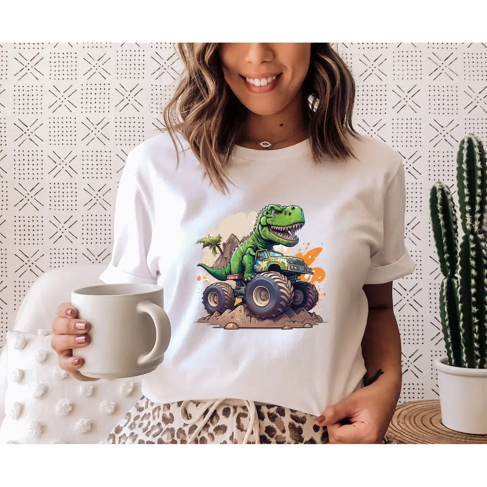 Funny T Rex Dinosaur Riding Monster Truck Shirt Casual Dino Cute for Adults Kids Lovers vintage Washed Top For Everyday Wear