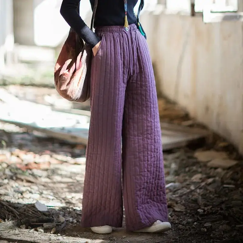 

Winter Cotton-Linen Women's Quilted Wide-Leg Trousers Thickened Warmth Premium-Quality Women's Cotton Trousers