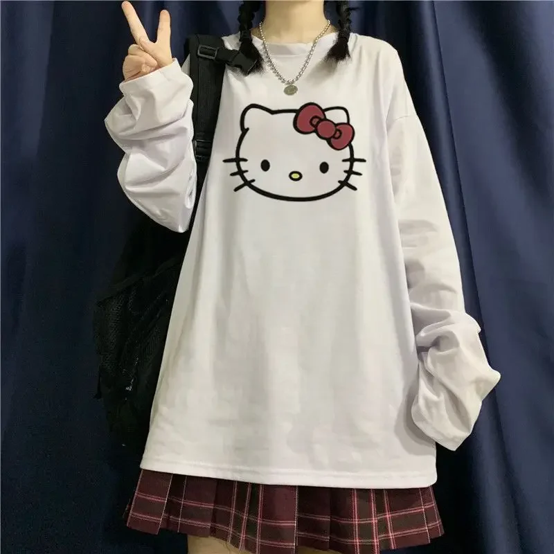 Cartoon Hello Kitty Printed Long Sleeve T-shirt Women Student Korean Style Loose Lovely Spring Autumn Graphic T Shirts Y2k Top