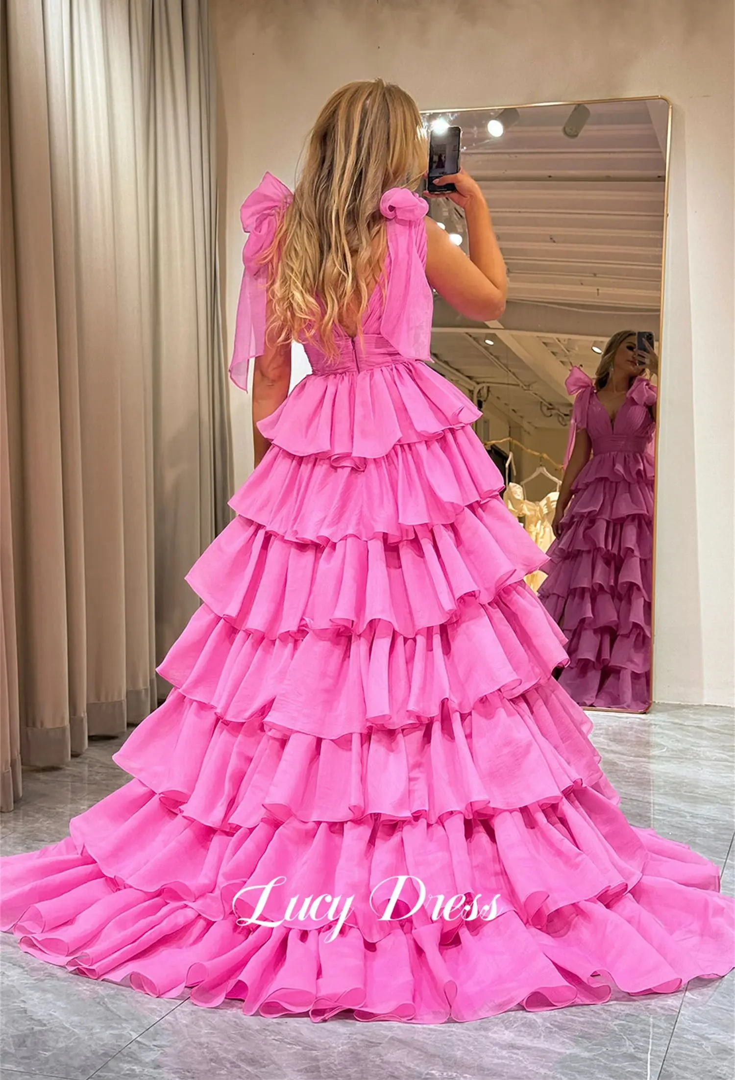 Ball Gown Layered Party Dress V-neck Graduation Hot Pink Chiffon Line A Sharon Happy Luxury Dresses Women Evening Customized