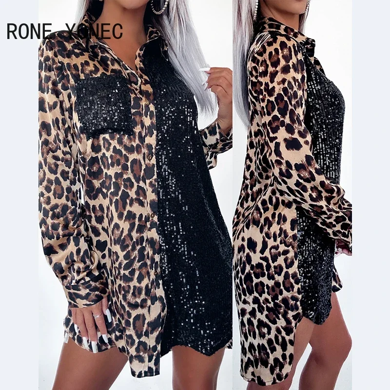 Women Leopard Pattern Patchwork Sequins Shirt Dress Casual Vacation Dress 2023