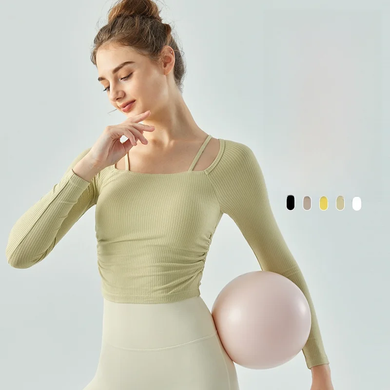 

Women's Long-Sleeved Yoga Top Autumn Winter Sports Fitness Running Square Collar Semi-Fixed Water Drop Cup with Chest Pad
