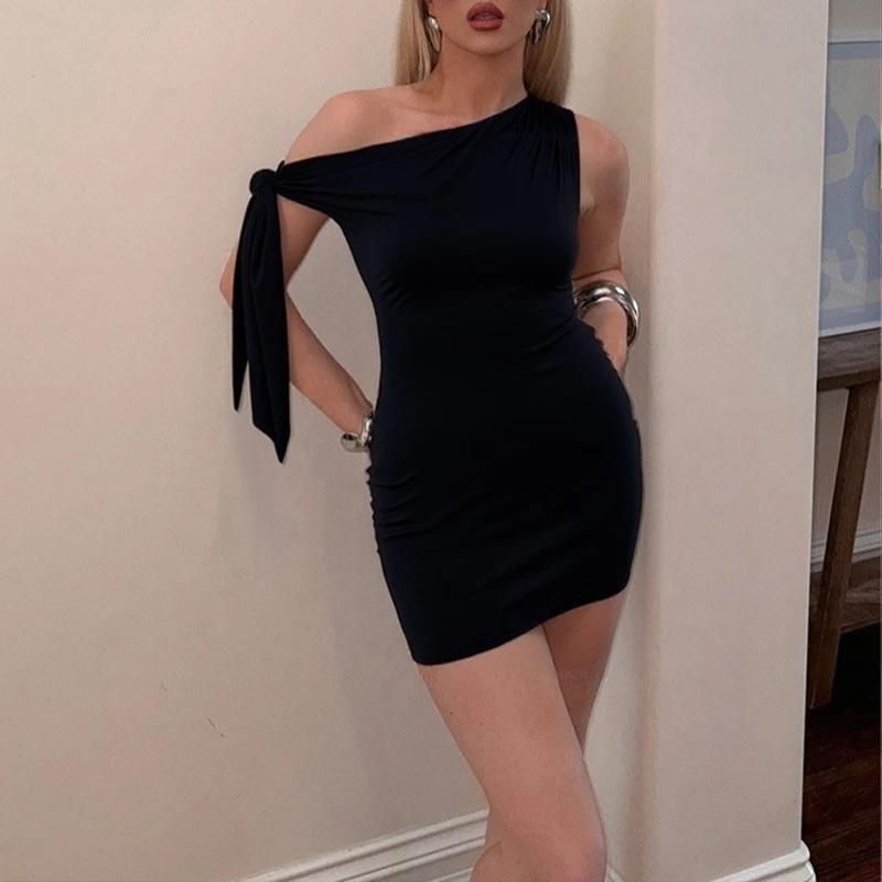 OMSJ Sexy Asymmetrical Off-shoulder Slanted Collar Strappy Ruched Bodycon Fashion Solid Casual Package Hip Mini Dresses Clubwear