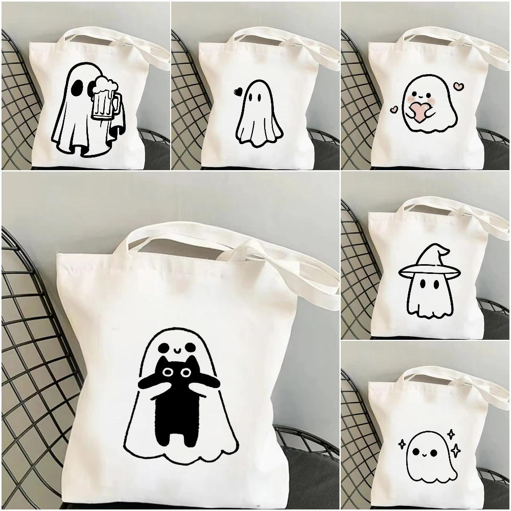 1pc Funny Ghost Black Cat Idea Print Canvas Tote Bag Unique Casual Shoulder Bag Eco Friendly Carryall for Shopping Office Travel