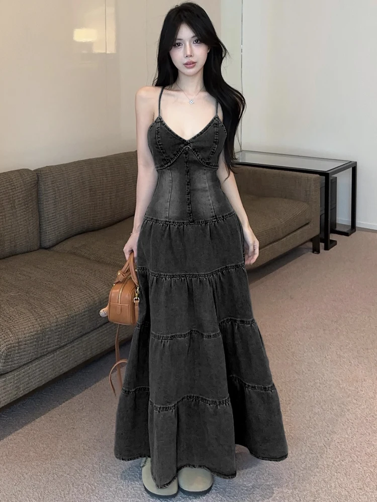 Frauen Kleidung Retro Y2K Denim Sexy Strap V-ausschnitt Backless Schlank Abendkleid Elegante Party Geburtstag Vestidos Robe Urlaub Casual