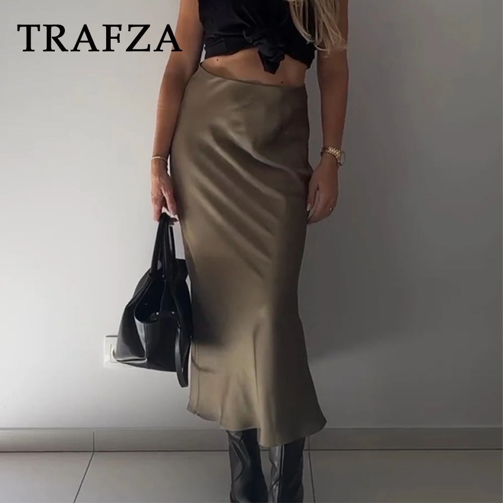 TRAFZA 2024 Spring Women Fashion Skirts Solid Satin Silk Texture Tight Midi Skirt Woman Party Chic Elegant Women Mermaid Skirt