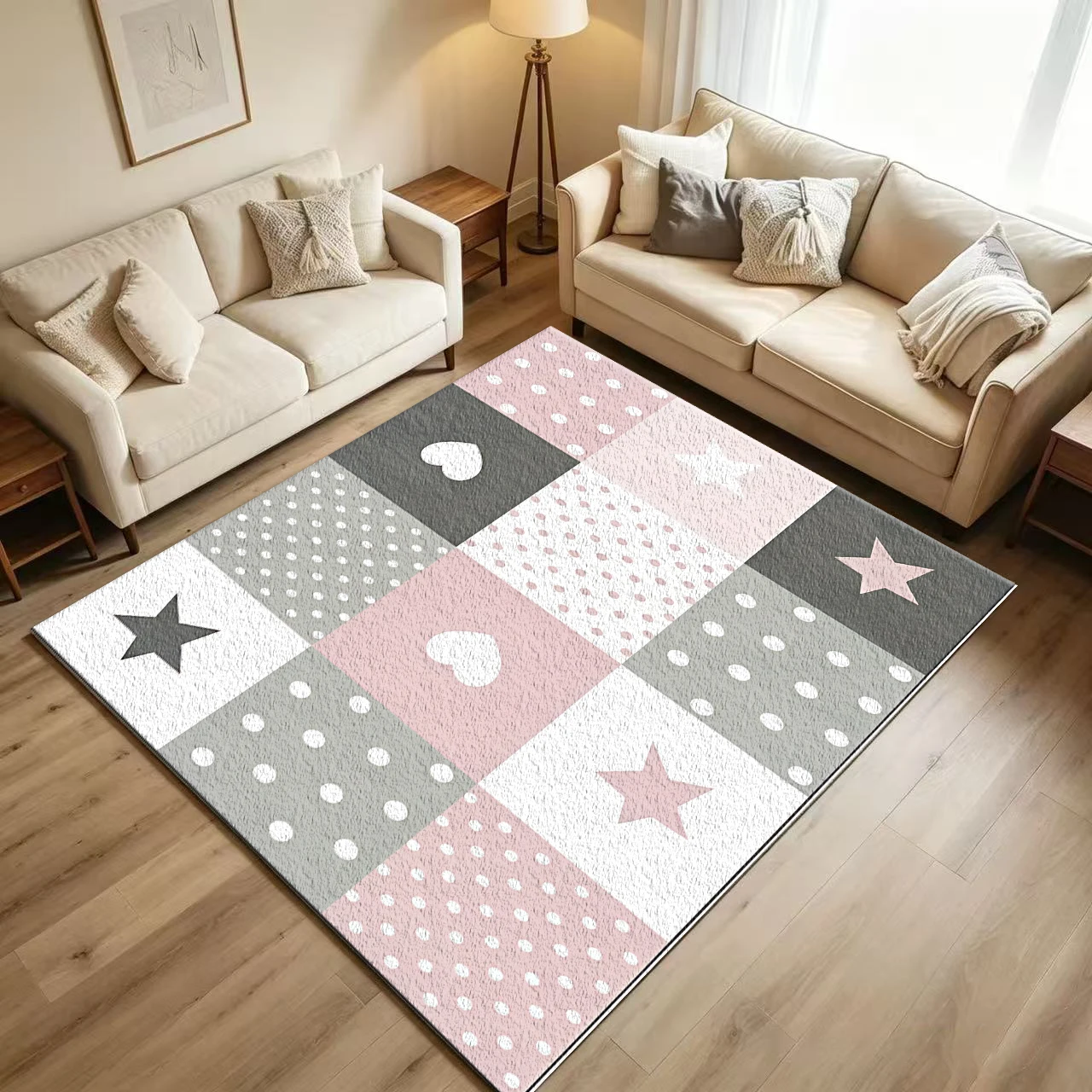 Pink Gray Star Heart Dot Patchwork Carpet Non-Slip Washable Floor Rug for Girls Bedroom Children's Room Decoration