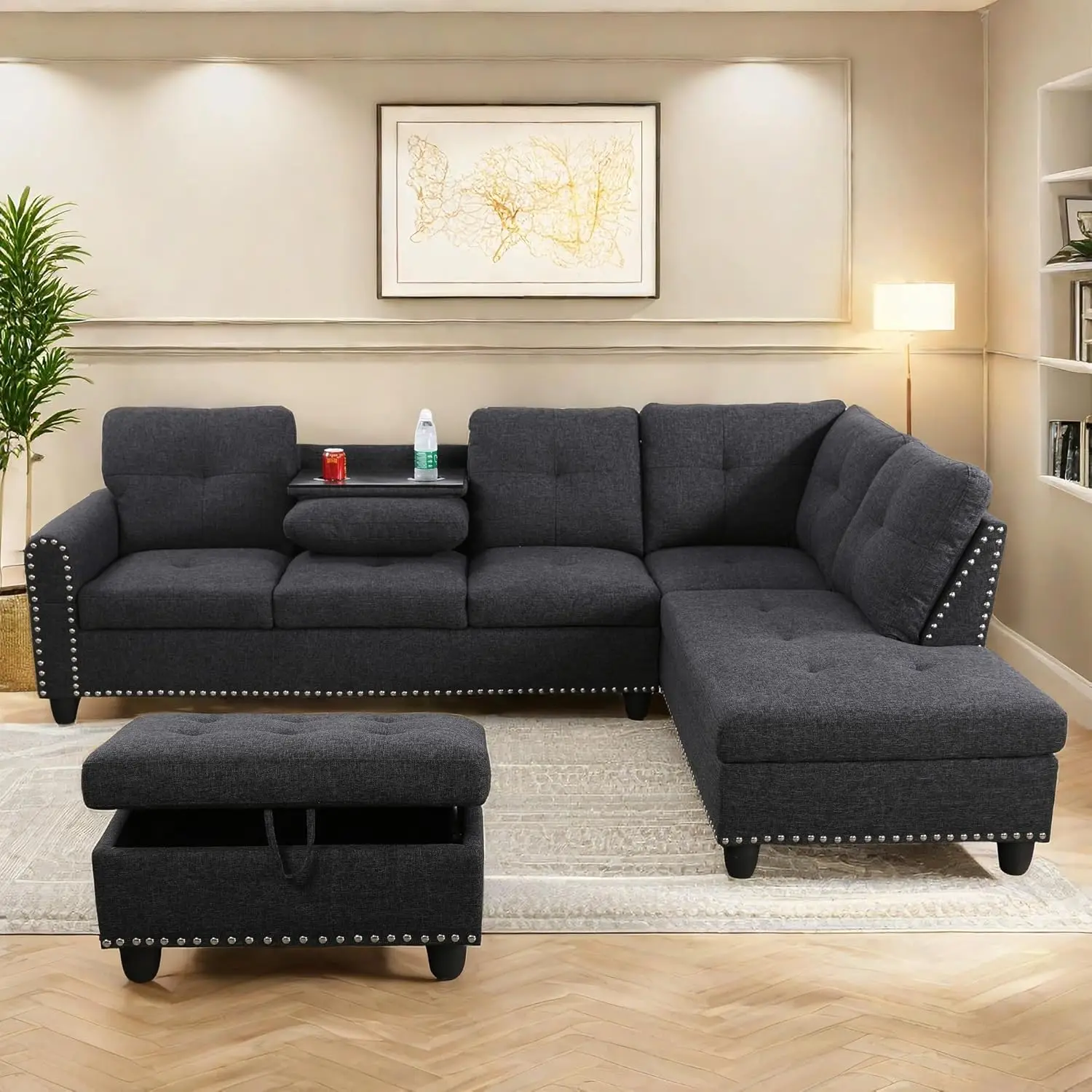 L Shaped Sectional Couches, Modular Sectional Sofa with Ottoman Storage, Nail-Head Design Lounge Sofa with Reversible Cup Holder