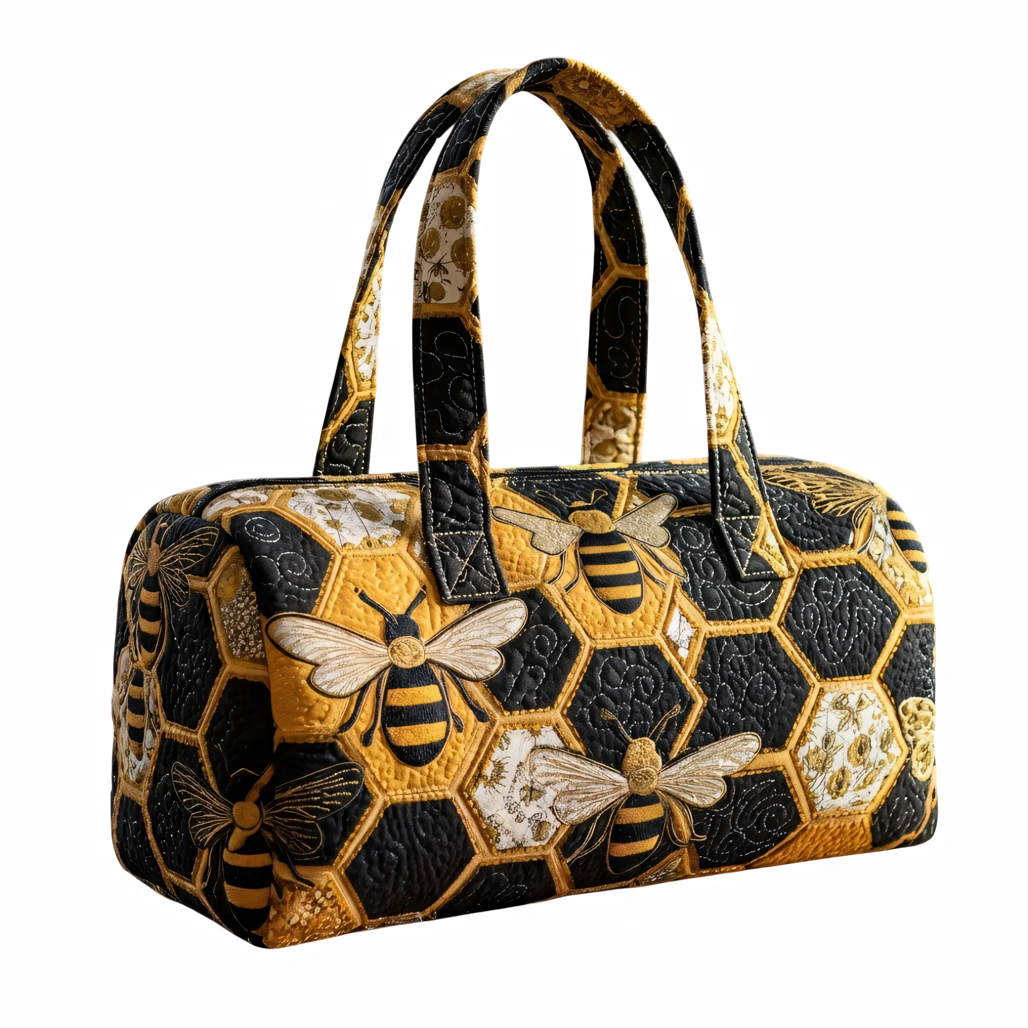 Honeycomb Bee Black Gold Quilted Duffle Bag Soft Reusable Weekender Bag Large Carry On Overnight Bag for Gym Travel