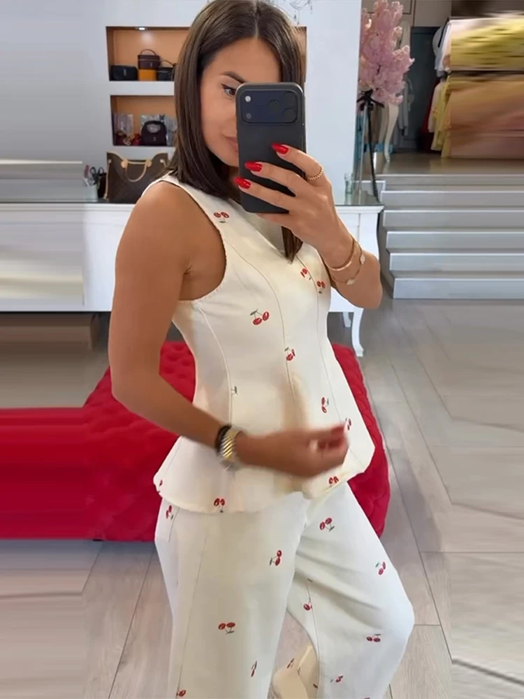 Damen-Hosenanzug 2-teilig Bedruckt O-Ausschnitt Ärmellos Rüschen Slim-Fit Oberteil mit Gebogenen Hosenbeinen Schicke Büro-Damen-Outfits Neu – Detail 9