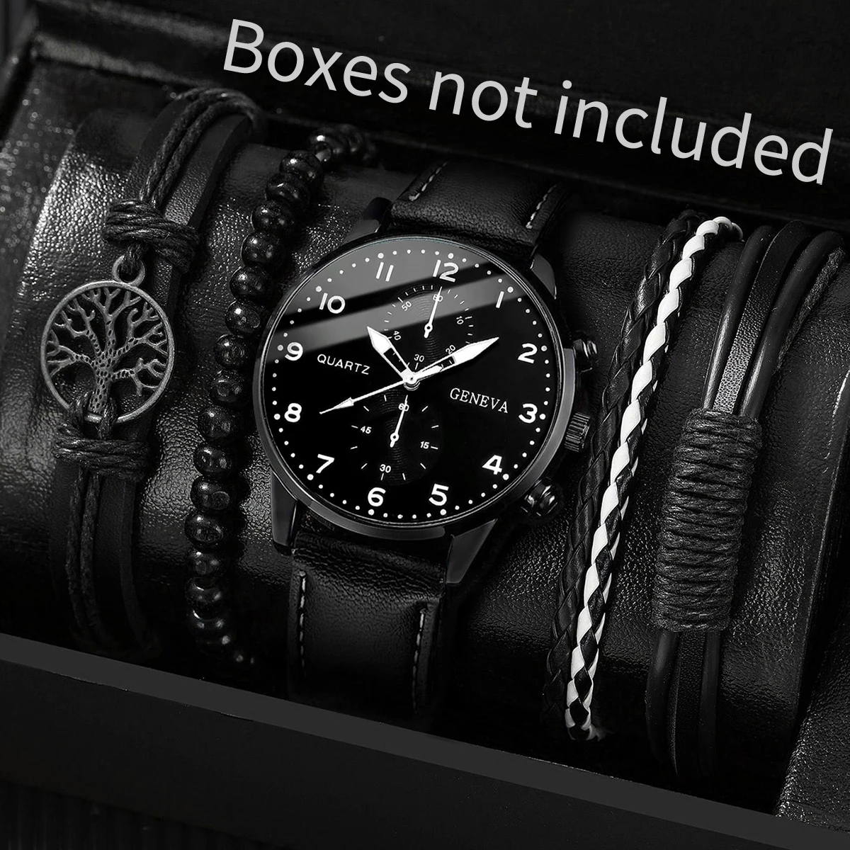 5PCS/Set Men\'s Watch Fashion Arabic Dial Analog Quartz Watches Vintage Leather Bracelets Set(Without Box)