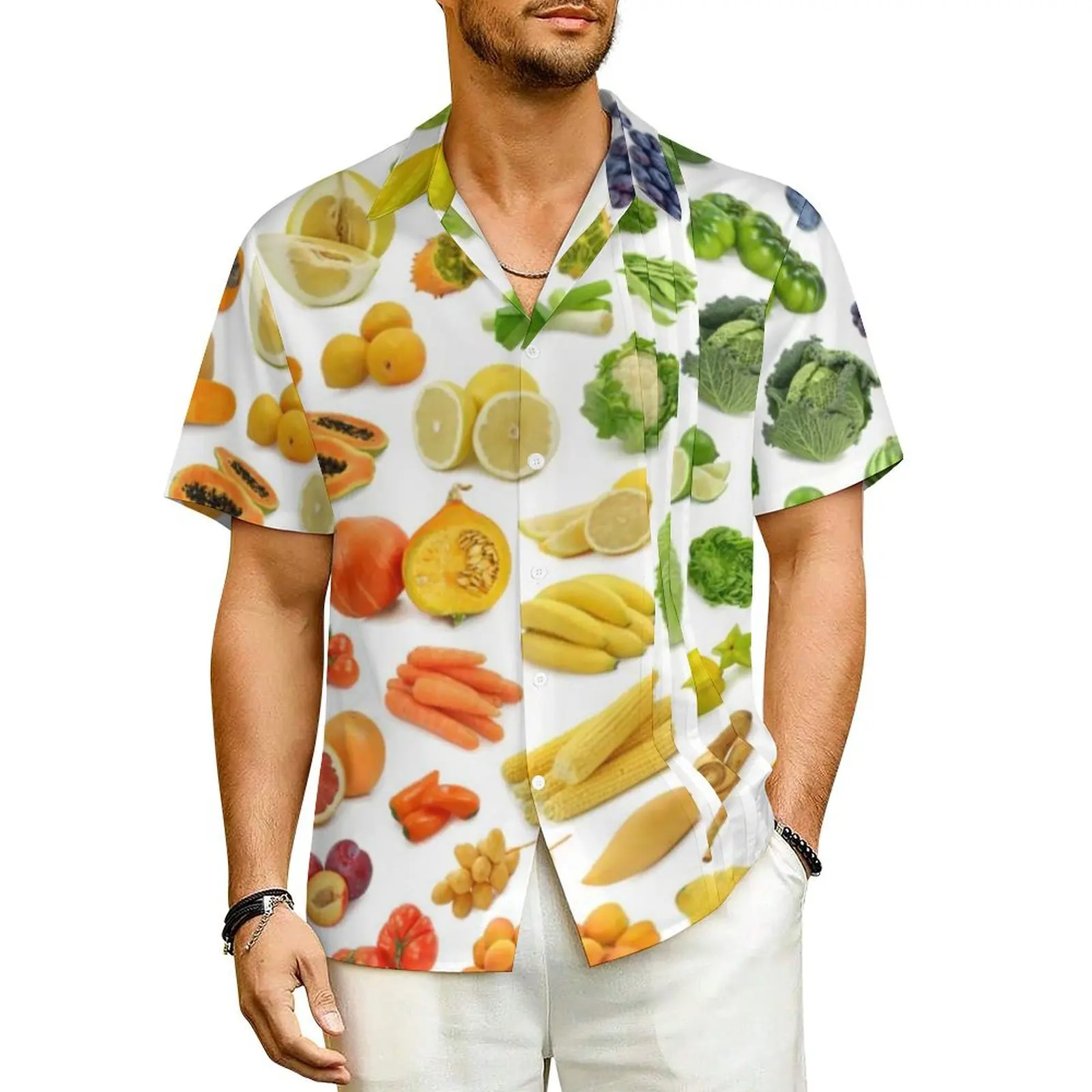 Vegetarian Vacation Shirt Fruits and Vegetables Hawaiian Casual Shirts Male Vintage Blouses Short-Sleeved Fashion Printed Top