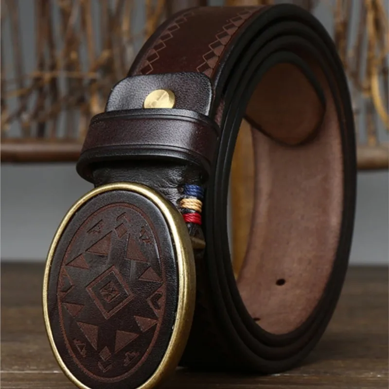 Carved pattern versatile smooth belt copper plate leather top layer pure cowskin for men