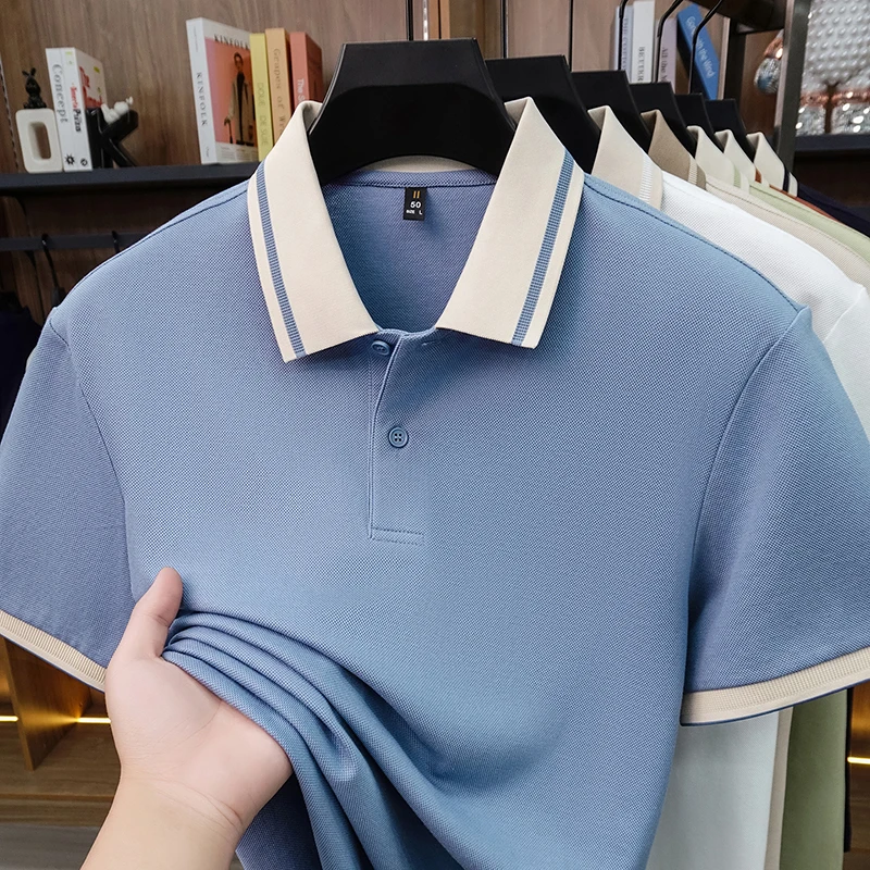 

Мужская летняя деловая рубашка-поло из 100% хлопка 2026: Классическая дышащая футболка с коротким рукавом из мерсеризованного хлопка