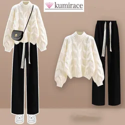 Autumn and Winter Women's Set New Korean Style Spliced Knitted Sweater Slimming and Wide Leg Pants Two-piece Set