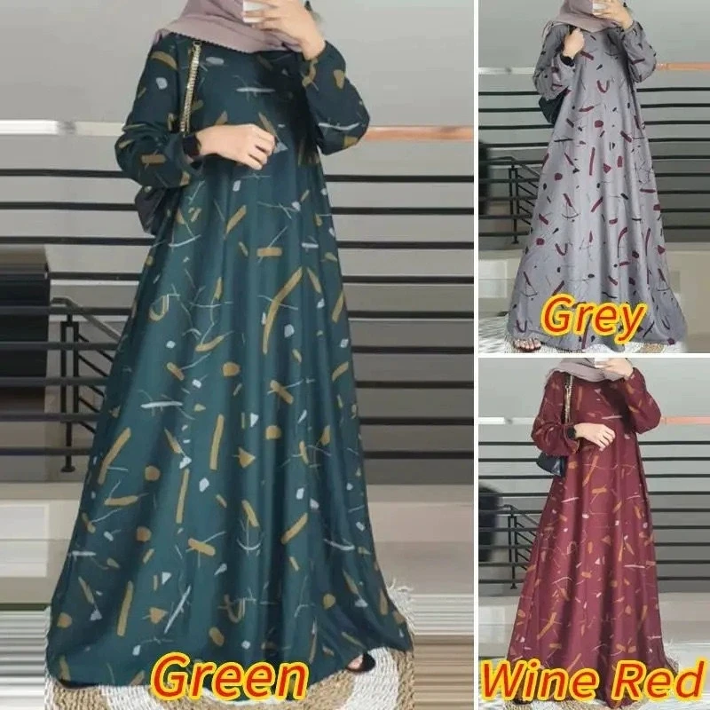 

Islamic New Saudi Arabian Robe Printed Middle Eastern Muslim Fashion Malay Dress Full Sleeve Round Neck Robe Moroccan Long Dress