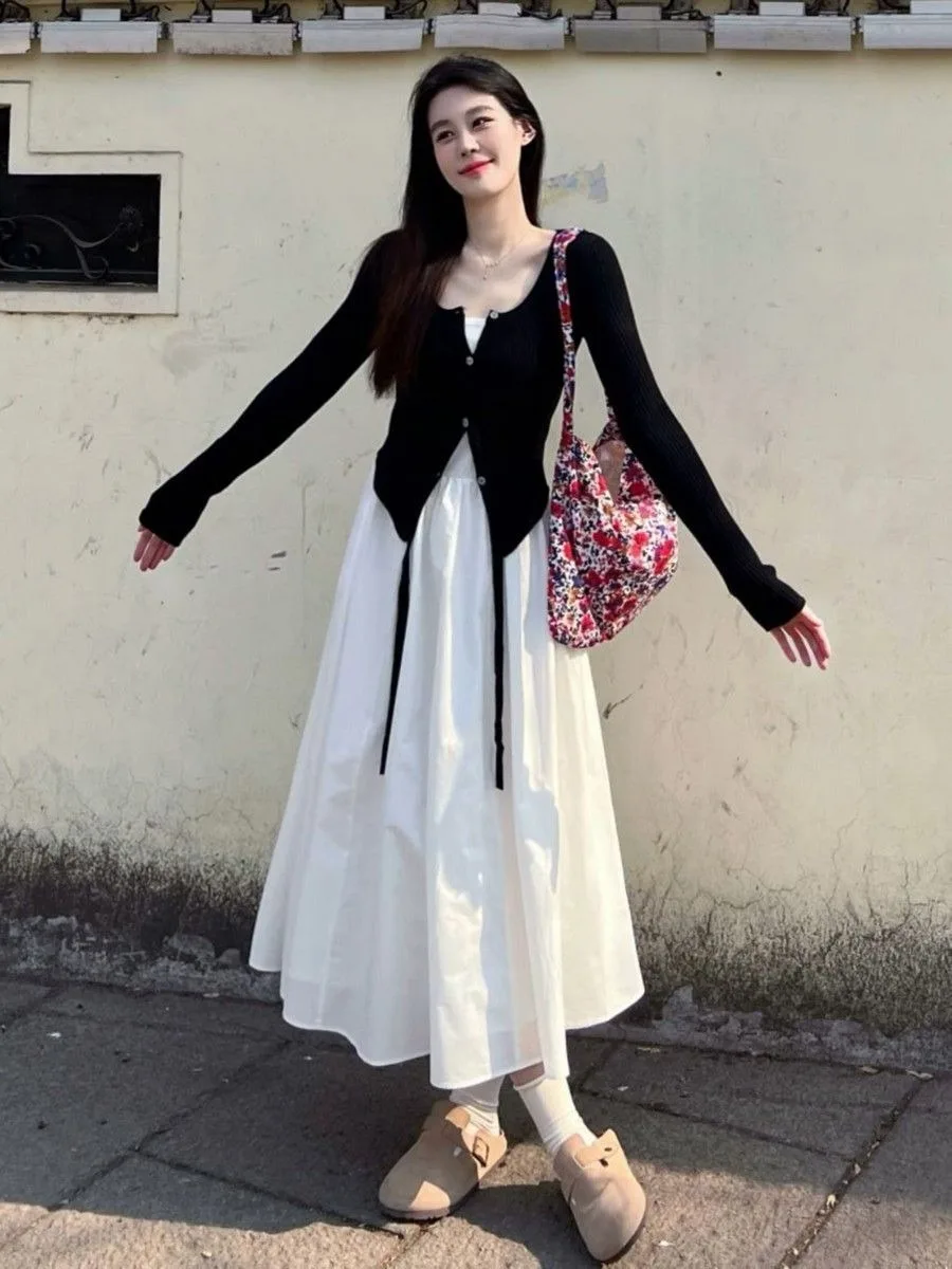 Women's Autumn French Chic Long Sleeve Knit Cardigan And Sleeveless Maxi Dress 2-Piece Set Stylish Outfit Camisole Dress White image 2