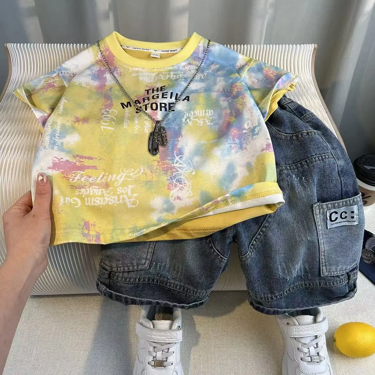 Boys Summer Personalized Tie Dye Letter Short Sleeve Shirt Jeans Short 2PCS Fashion Boutique Set Korean Kid Casual Sport Outfit
