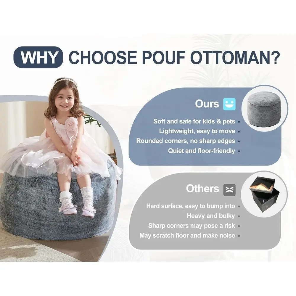 مسند رمادي مستدير كبير، 26 × 18، وسادة مسند للقدم مملوءة بالرغوة لغرفة المعيشة