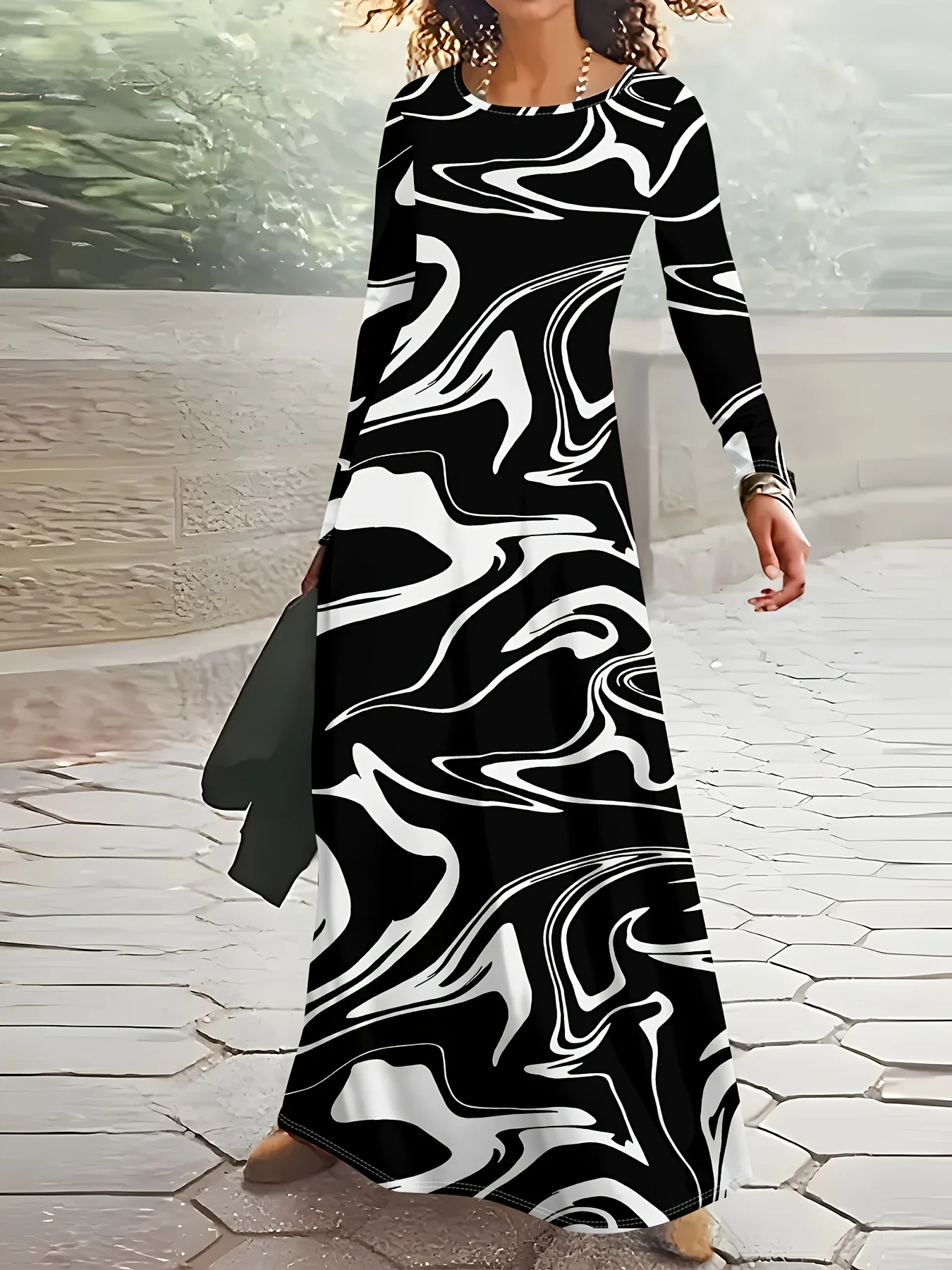 Printed Design Black White Marble Swirl Print Round Neck Long Sleeve Maxi Dress