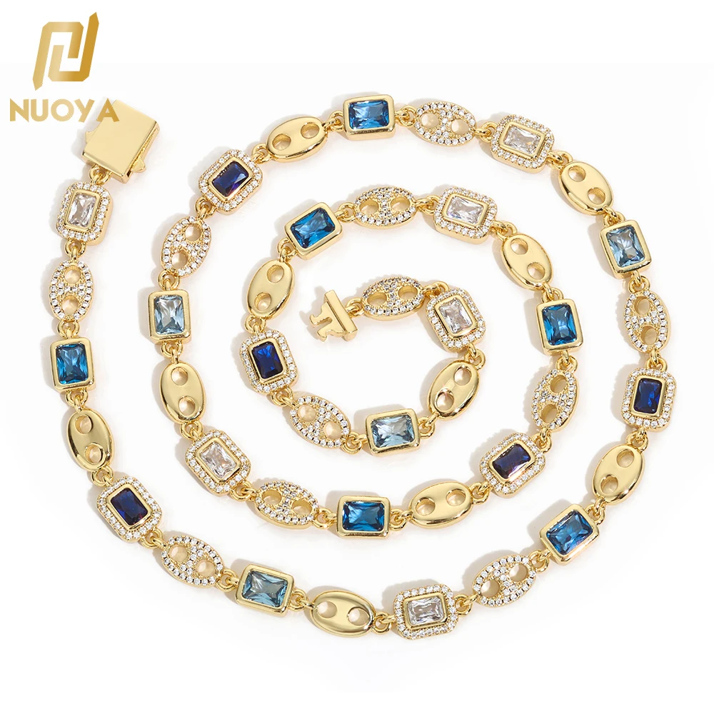 Exquisite Hip hop Necklace Women Charm Accessory Rectangular Blue Zircon Coffee Bean Shaped Gold Plated Silver Plated Chain