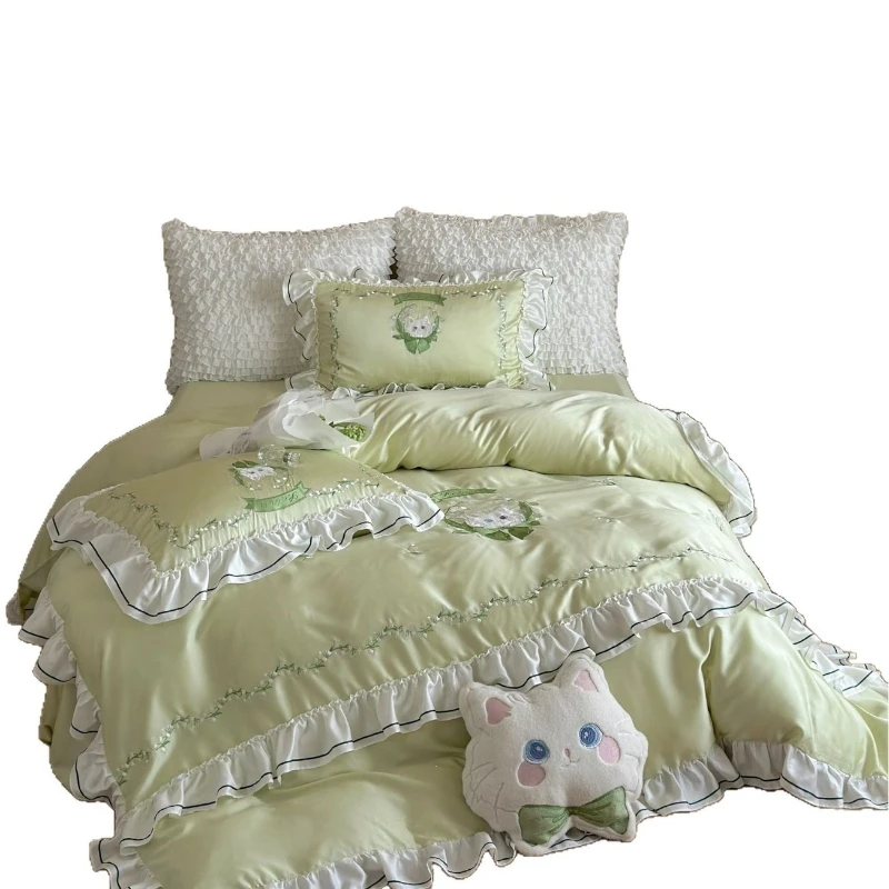 ins lace cartoon cat embroidery tencel four-piece set ice silk quilt cover silky slippery nude bedding