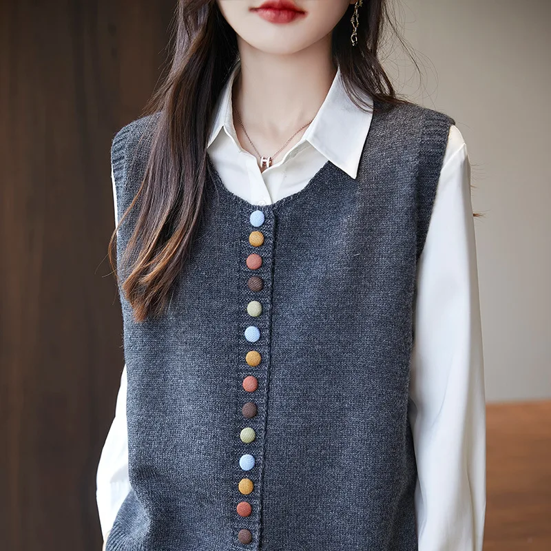 Vintage Color Button Crew Neck Knitted Vest Cardigan Women Sleeveless Vest Sweater Jacket Autumn Versatile Female Waistcoat Top