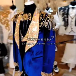 Royal Blue Velvet Suits Men For Wedding Luxury Sparkly Gold Shawl Lapel Beaded Prom Blazer Tailored 3 Pieces Jacket Vest Pants