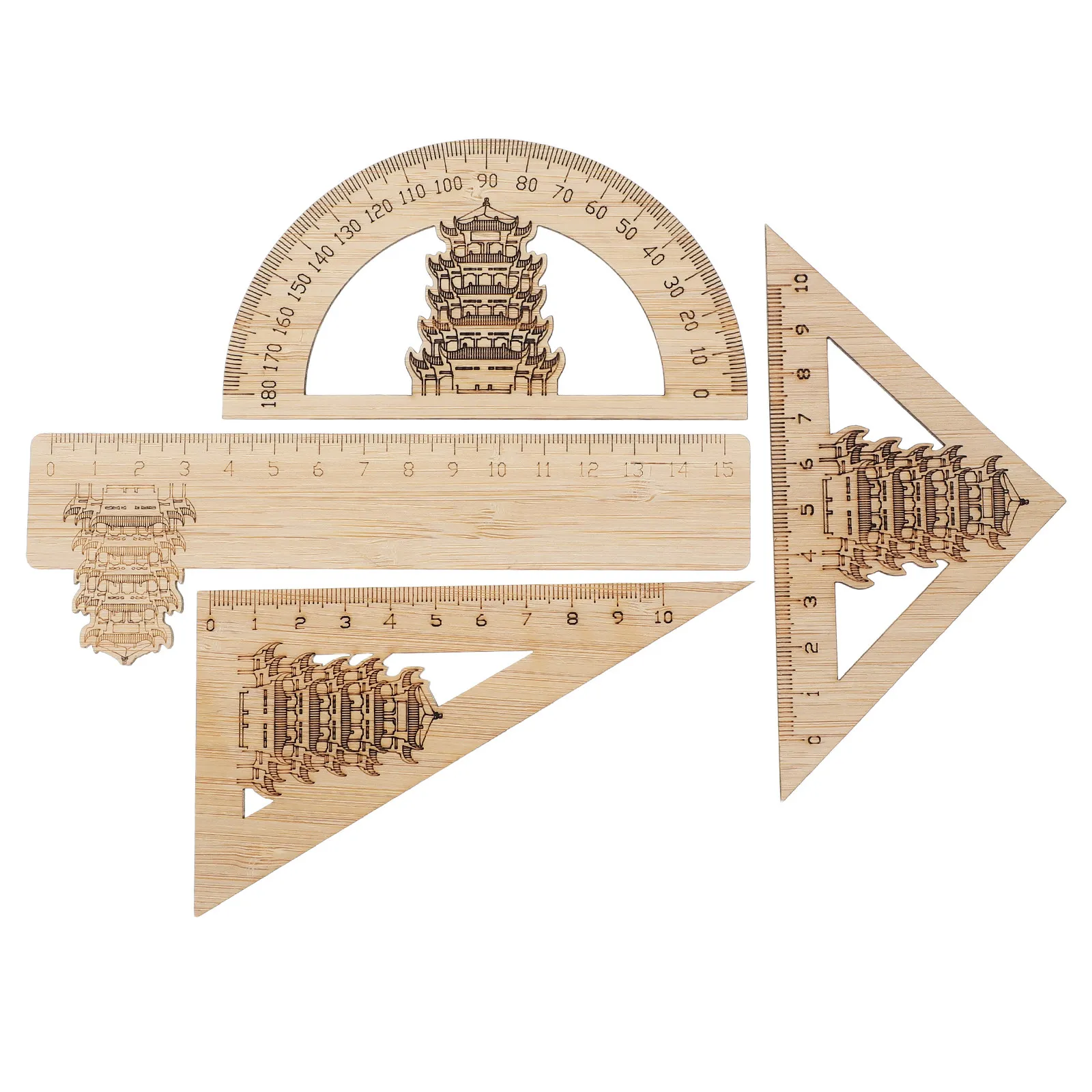 4Pcs Bamboo Ruler Set Chinese Yellow Crane Tower Design Geometry Protractor Straightedge Triangle Drafting Tool for Student