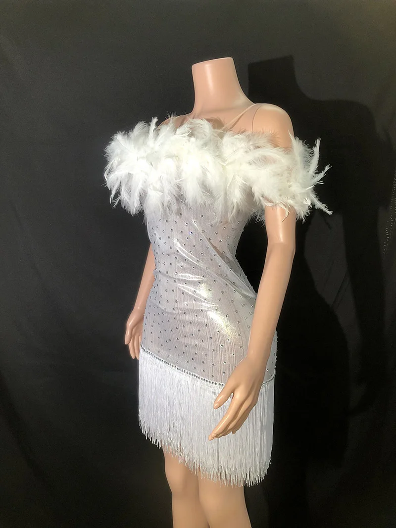 Robe en dentelle de maille de glands personnalisés, plume transparente à haute élasticité, robe moulante sexy, robe de performance de fête d'anniversaire