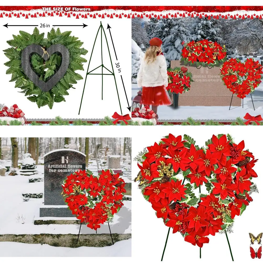 

Мемориальный венок из красной пуансеттии и золотых ягод с подставкой, венок кладбища с 27 сочувствиями на Рождество