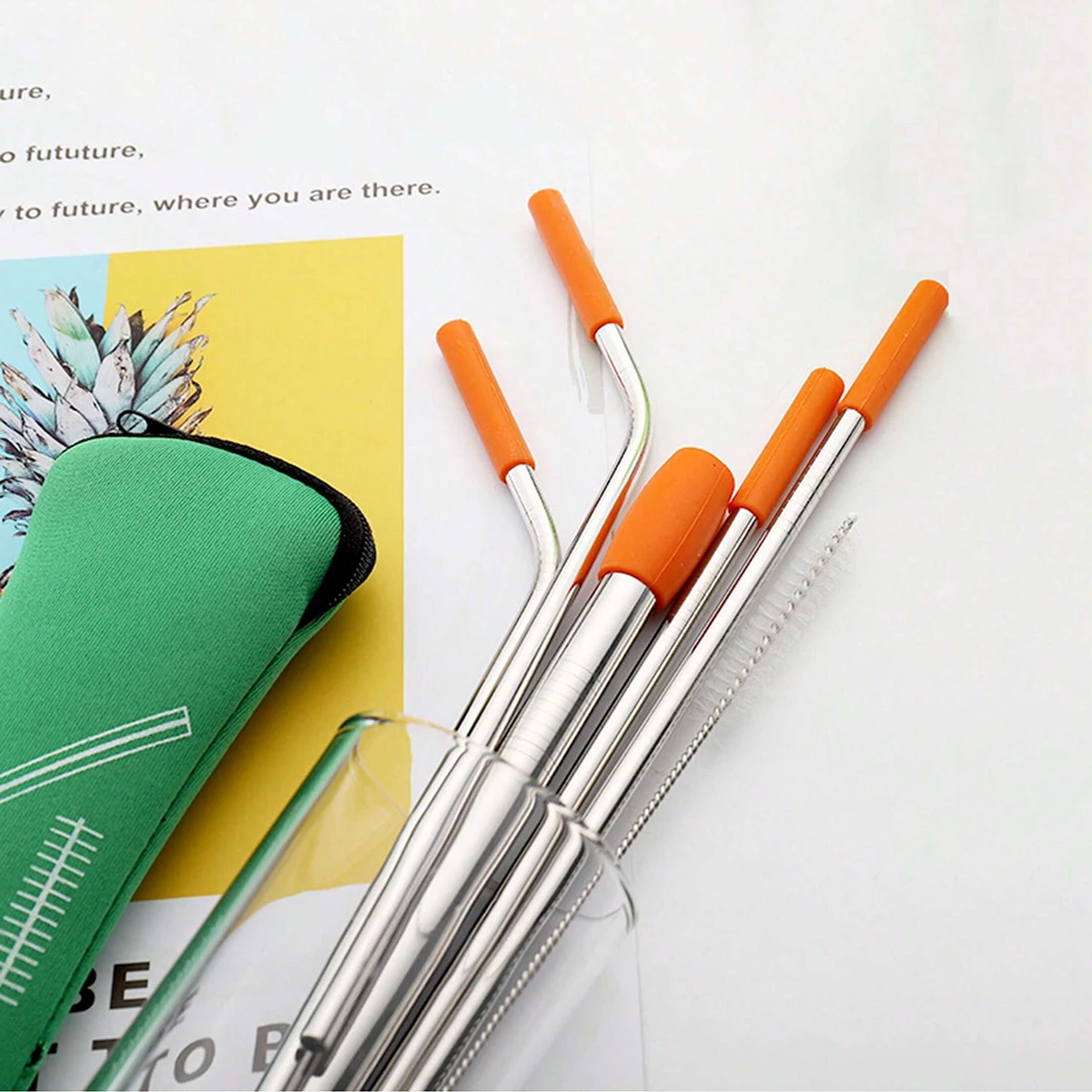 7pcs, Straw, Stainless Steel Reusable Straws With Silicone Straw Tip,Tea Straws, Travel, Beach, Party Supplies