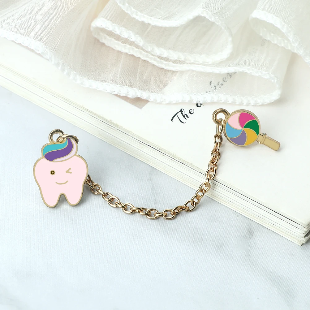 Cartoon Teeth with Toothpaste Enamel Pins for Kids Colorful Lollipop Alloy Chain Brooch Protect Tooth Sign Dentists Lapel Badges